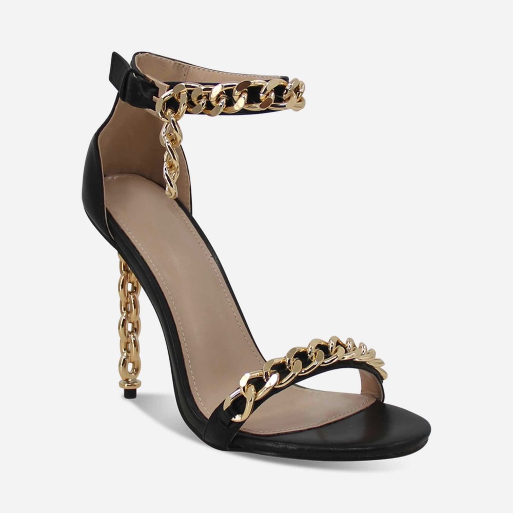 Women’s Ankle Strap Gold Chain Detail High Heel Sandal in Black Faux Leather - Picture 3 of 16